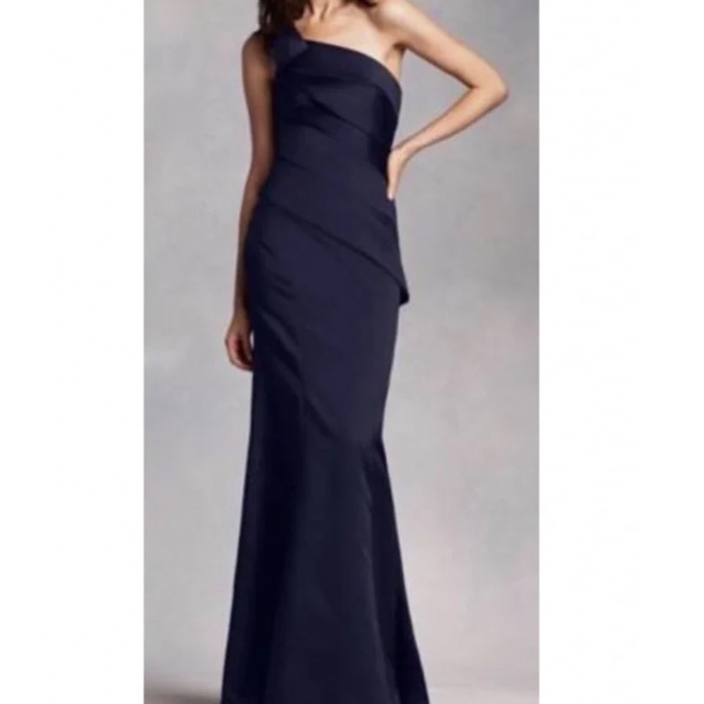 White by Vera Wang Navy Blue One Shoulder Satin Pleated Mermaid Gown Dress 2